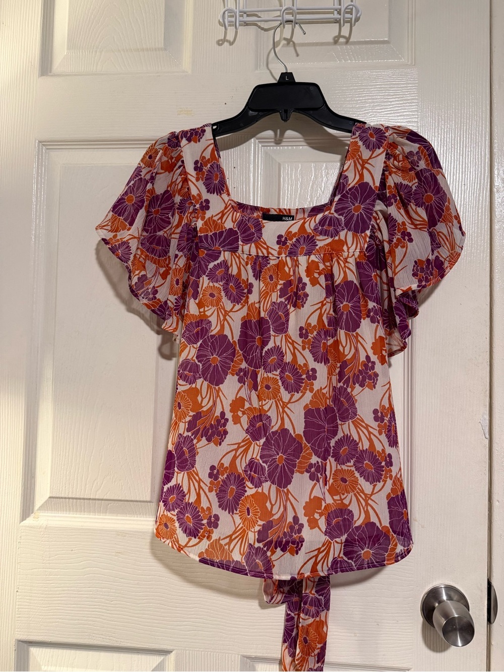 H&M Floral Puff-Sleeve Square Neck Top in  Purple and Orange SIZE 4